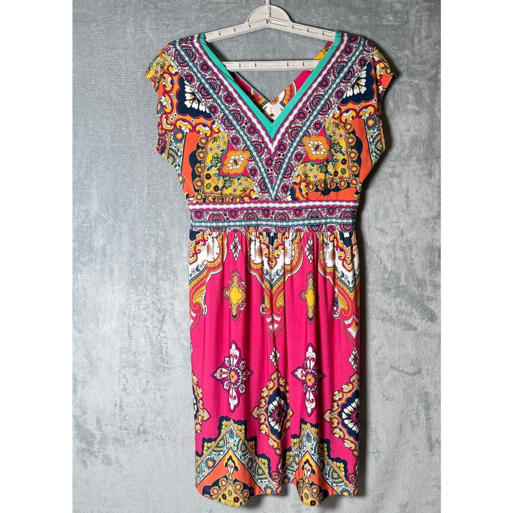 Shelby & Palmer Petite Medium Boho Paisley Empire Waist Dress Pink V Neck - Picture 2 of 6